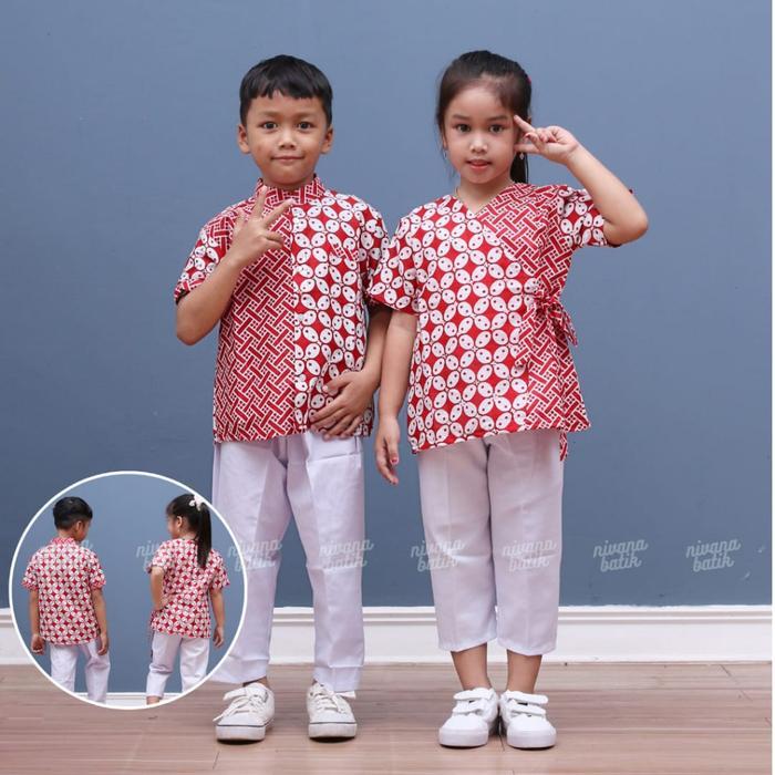 Best Seller Atasan Batik Anak Kemeja Koko Kemko Blus Anak Perempuan Kombinasi Merah Putih Bisa