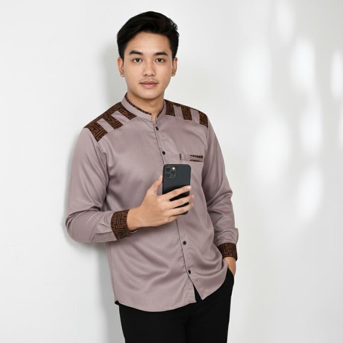 ELRUMI BAJU KOKO MUSLIM ATASAN PRIA DEWASA LENGAN PANJANG KOMBINASI BATIK MOTIF PANSER WARNA MILO