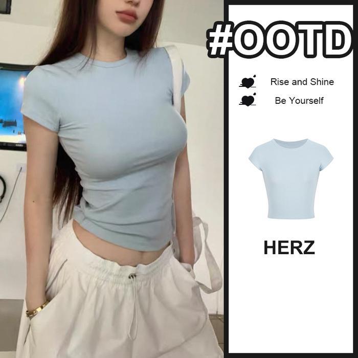 kaos crop top sky biru wanita t-shirt lengan pendek korean serbaguna slim fit elastic ketat strech
