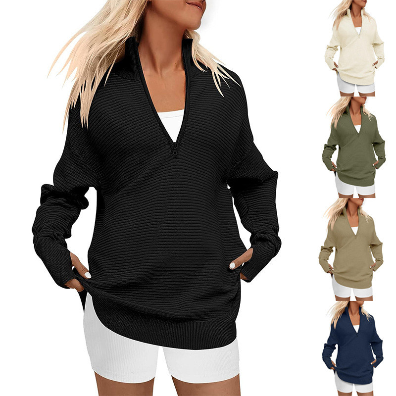 Women's Long Sleeve V-Neck Knitted Sweater Half Zip Casual Ribbed Knitwear Comfortable Pullover