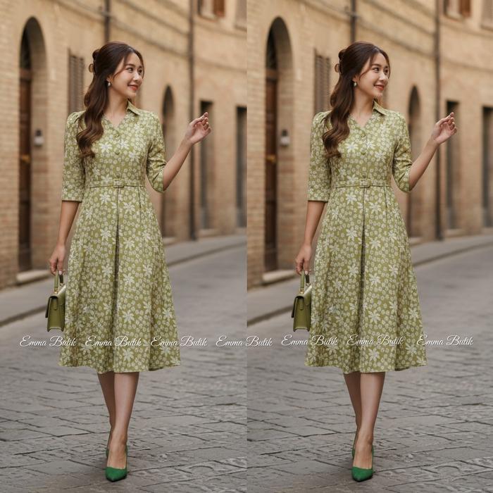 [] Emma.Butik E00528 Gaun Midi Kondangan Jacquard Wanita V-neck Dress Pesta Gereja A-line Lilac Biru