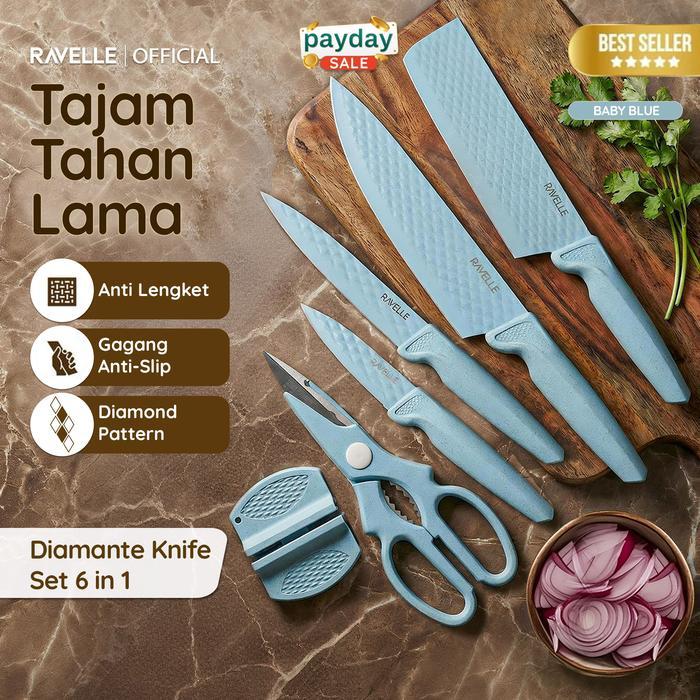 TERBAIK RAVELLE Pisau Set Diamante Knife Set 6 in 1 Set - Pisau Dapur Anti Lengket