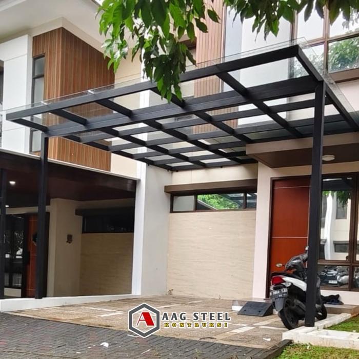 "New" AAG Steel Kanopi Kaca Tempered 8mm Rangka Holo Tiang WF150 Baja Besi Transparan Kuat Tahan