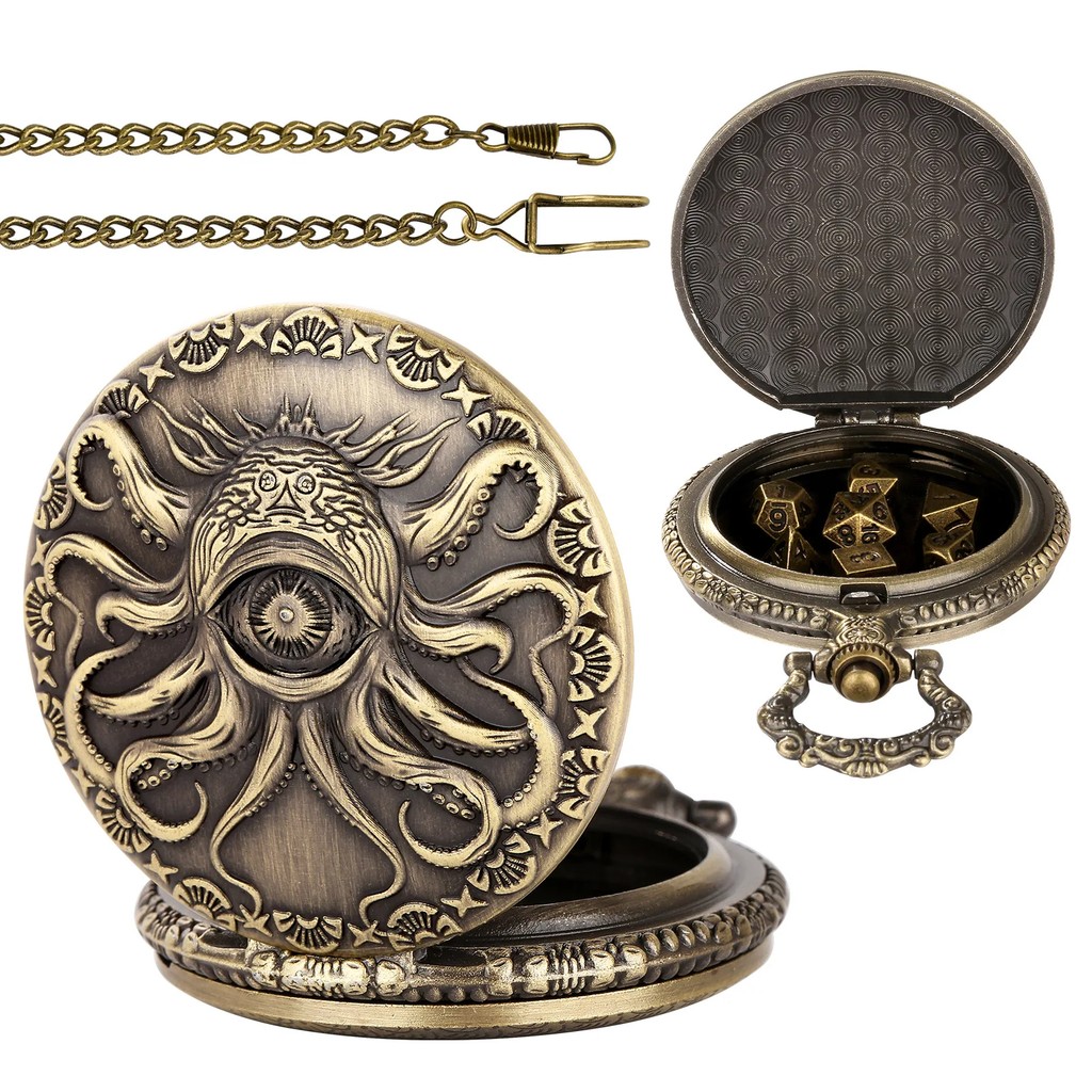 Octopus Metal Dice Case Vintage Cthulhu Pocket Watch DND Dice One eyed Octopus Pocket Watch box Dice