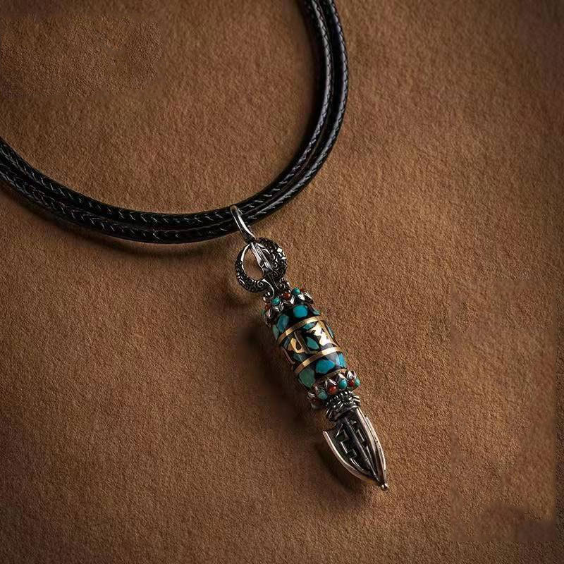 2024 NEW Pure Silver Buddhist Dzi Beads Mantra Vajra Pendant Necklace Personality Creative Retro