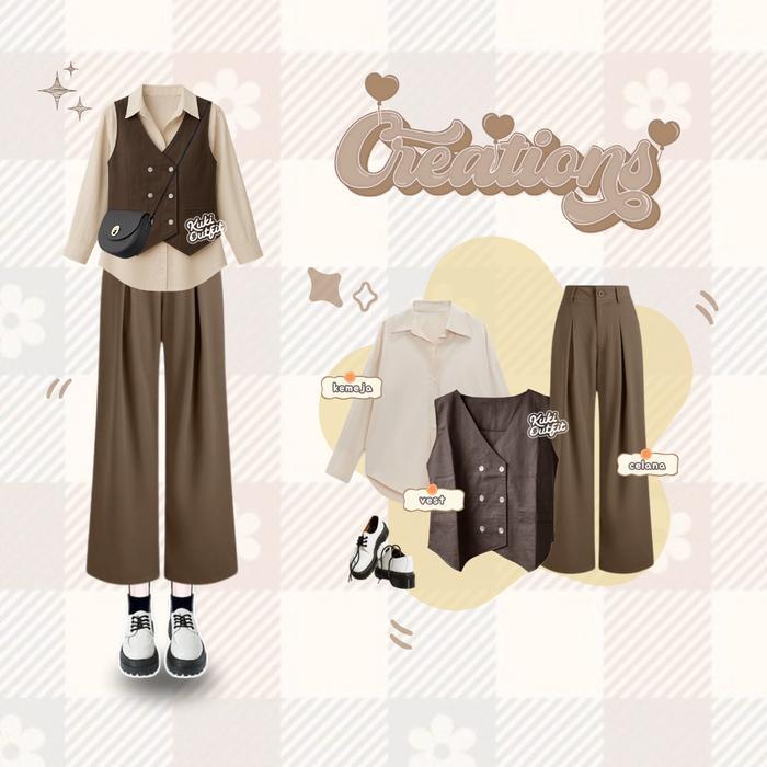 Kuki Outfit - Creations Outfit 3 In 1 One Set Wanita Kekinian (Vest, Kemeja, Rok, Celana) Korean