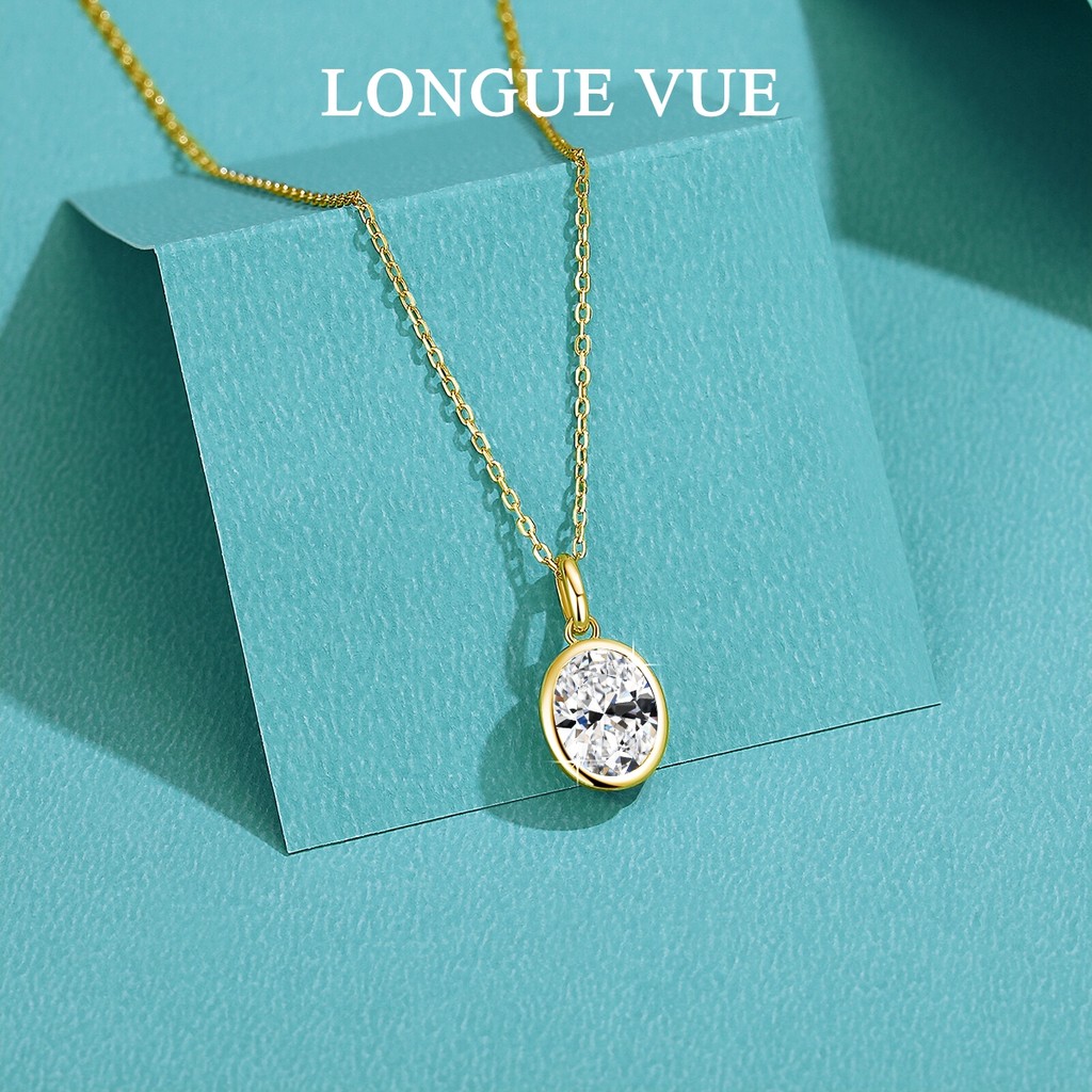 AU585 Gold 14K Oval Cut Moissanite Bezel Pendant Necklace for Women Wedding Party Fine Jewelry