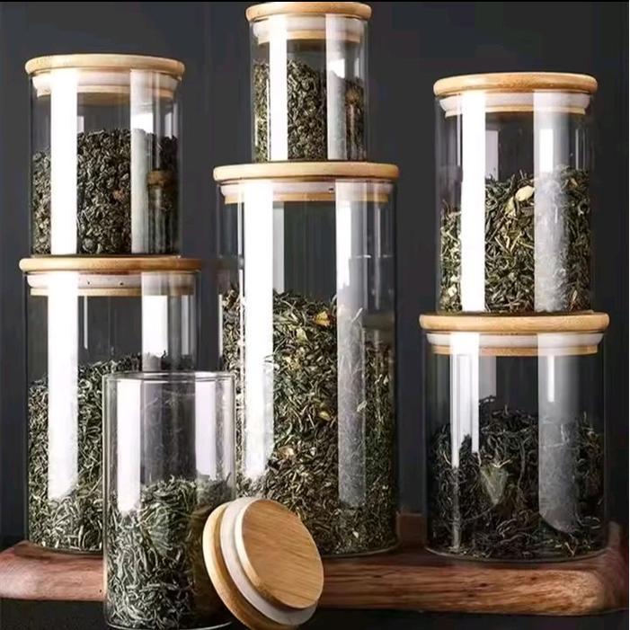 Toples Kaca Tutup Kayu Ukuran Kecil Penyimpanan Makanan Serbaguna 240 ML