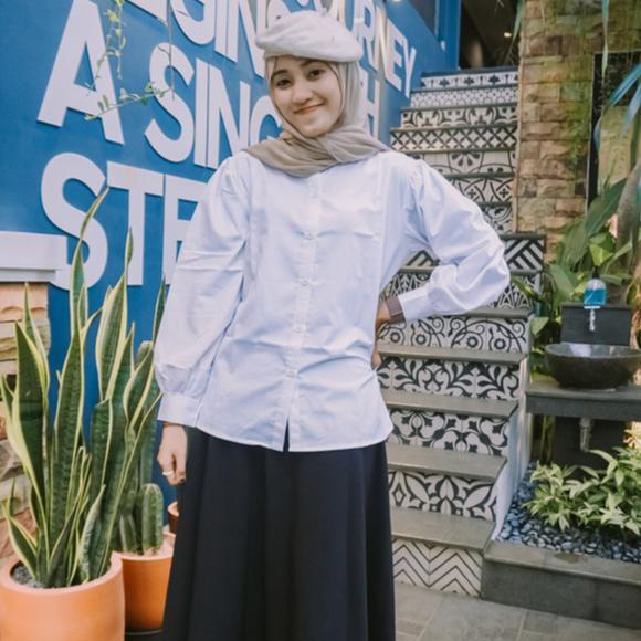 Kemeja Putih Wanita Katun Toyobo Lengan Balon, Atasan Wanita Polos