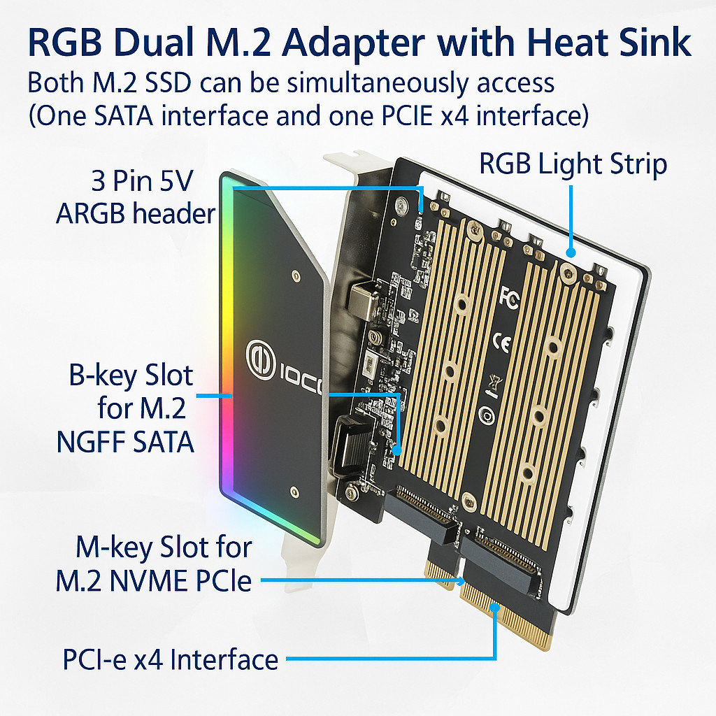 PCIe to Dual M.2 NVMe + SATA Adapter Card with RGB Sync ?5V ARGB or 12V RGB Option ?Upgrade Old