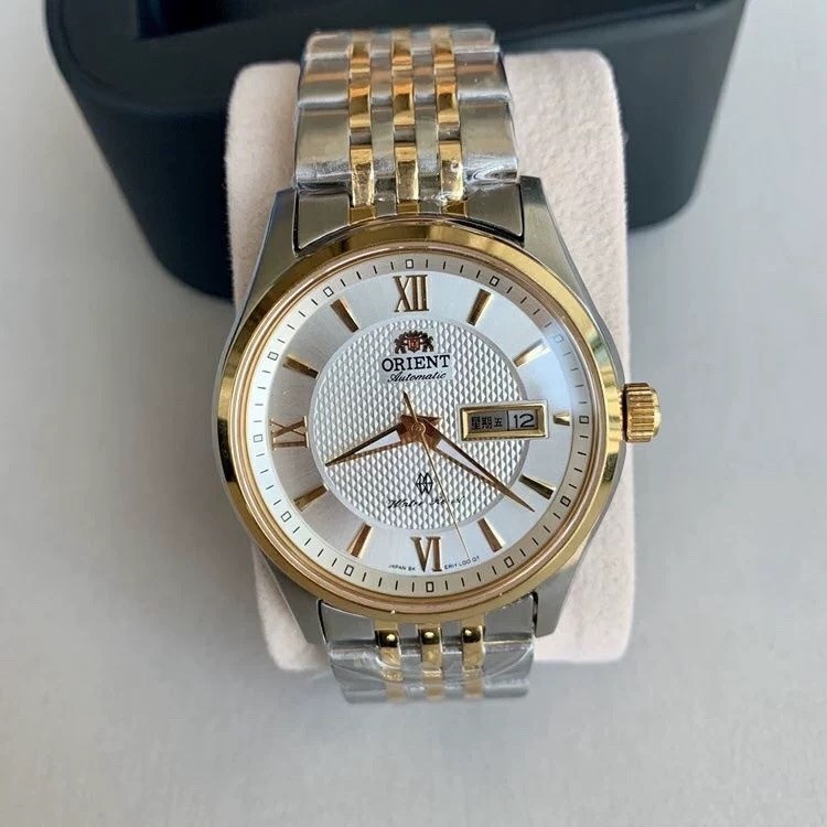 Orient Two-Tone Automatic Watch Multi-Color Dial Roman Numerals Day-Date Steel Band 50M Water
