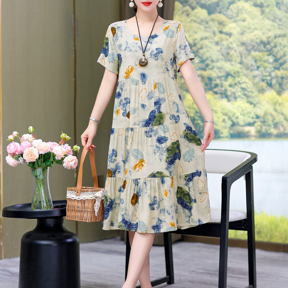 Gaun Wanita Musim Panas 2024 Lengan Pendek Casual Oversize Bohemian Dress O-Neck untuk Pakaian Santa