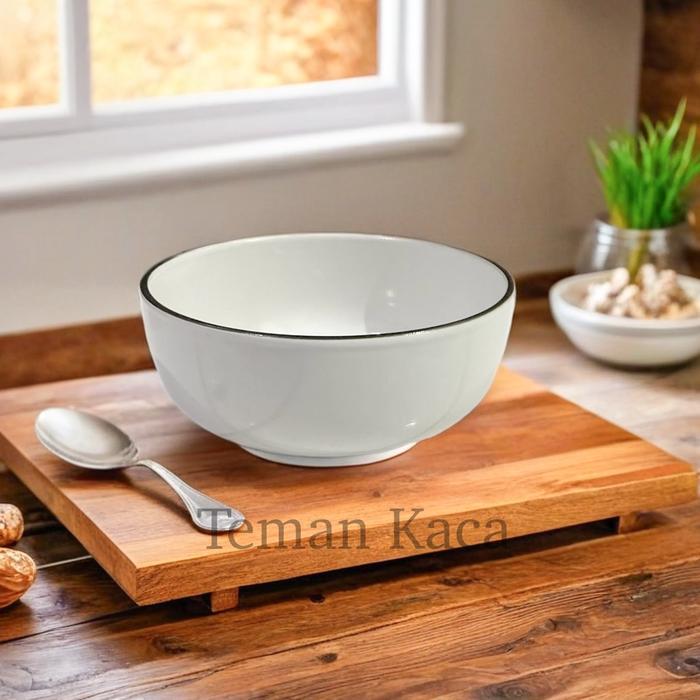 Mangkok Keramik Putih List Hitam Diameter 14cm Mangkok Makan Serbaguna Mangkok Soto & Bakmie
