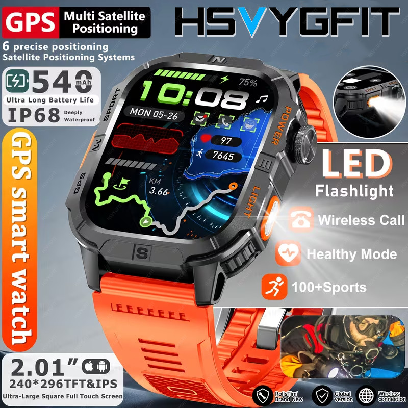 Jam Tangan Pintar GPS Outdoor dengan Kompas dan Lampu Senter