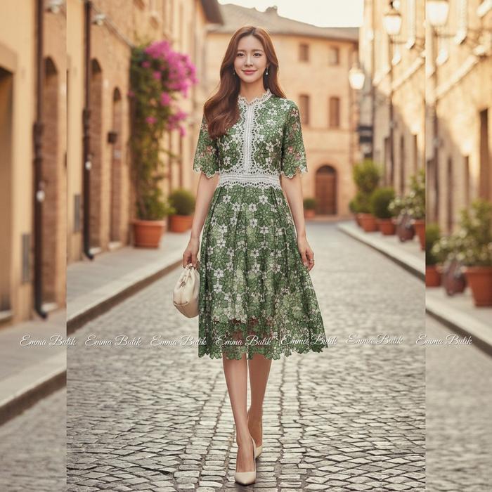 [] Emma.butik E00377 Dress Pesta Brukat Mewah Motif Bunga Gaun Gereja Wanita Remaja Kondangan Cantik