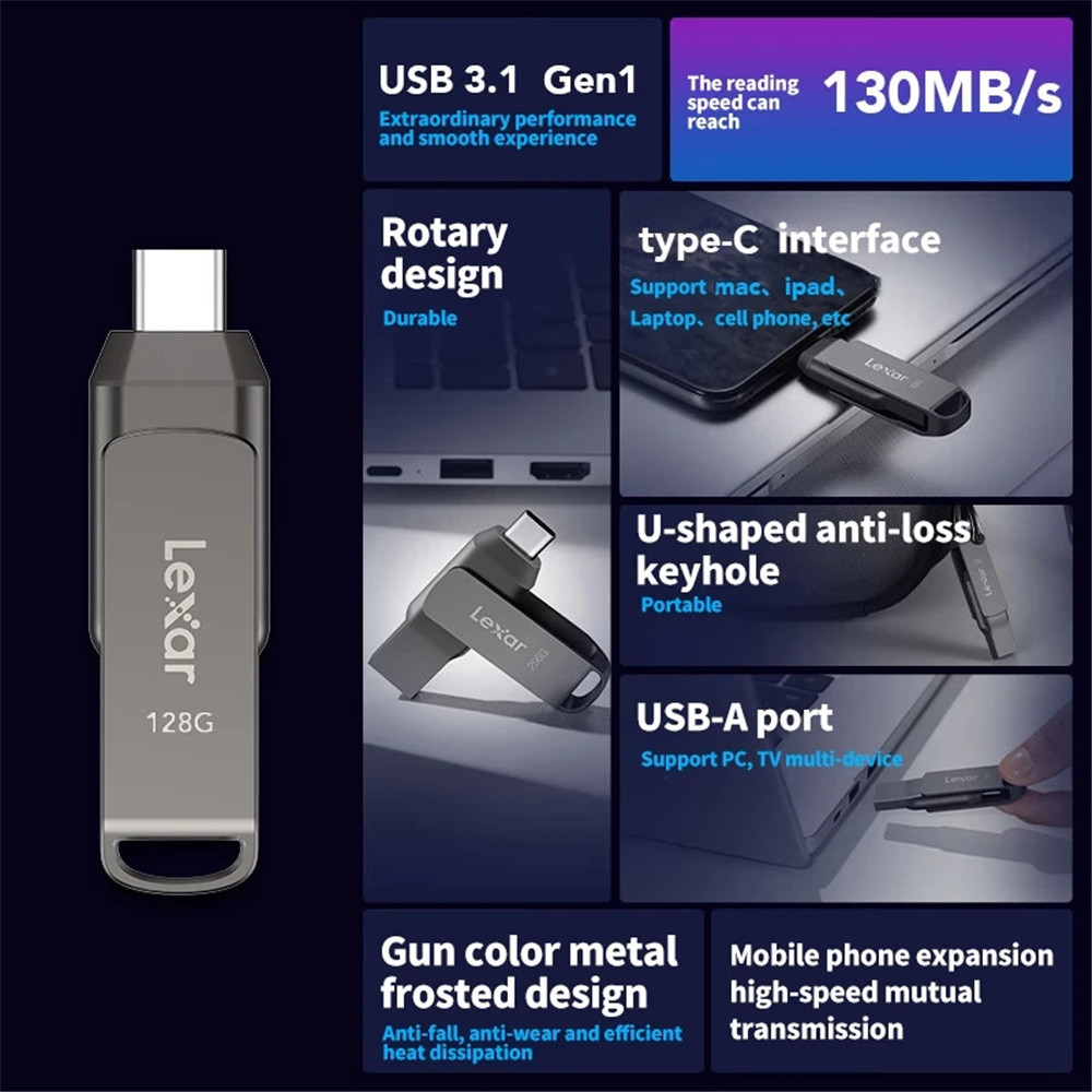 Original Lexar JumpDrive D400 Dual USB Drive Type C/A Memory Stick 32GB 64GB 128GB 256GB USB Type C