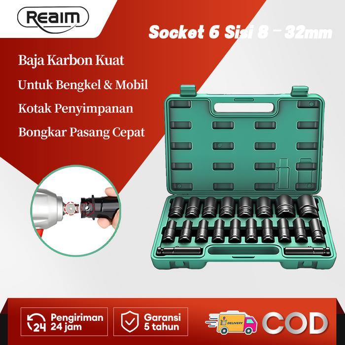 Reaim Impact Socket Set 20PCS 1/2 Inch 8-32mm Mata Sok Panjang Deep Socket Kunci Shock Soket Panjang