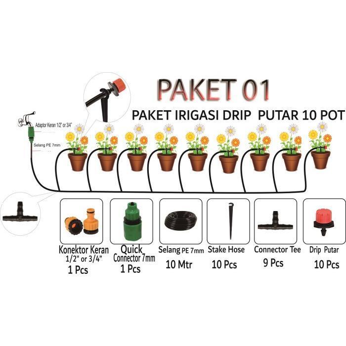 Paket Irigasi Pot Drip Putar 10 Pot / Drip Putar / Paket 01