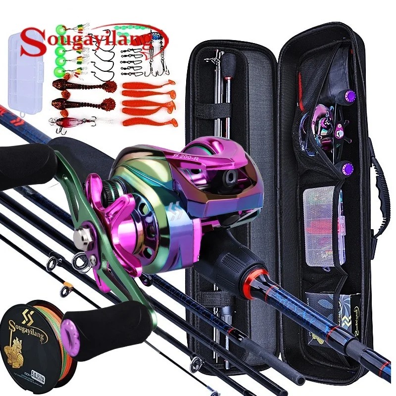 Sougayilang Fishing Rods and Reels 5 Section Carbon Rod Baitcasting Reel Travel Fishing Rod Set with