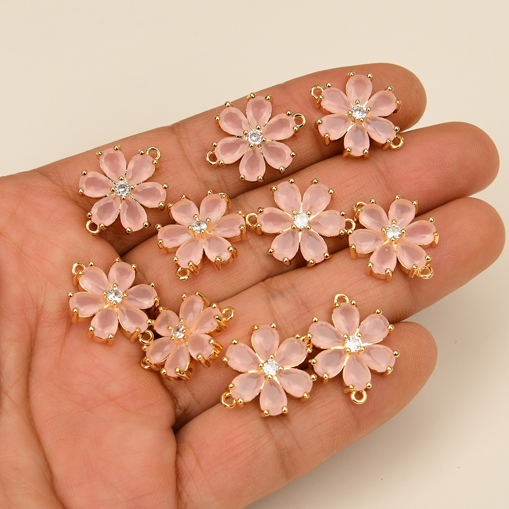 10 Pcs Pink Jade Crystal Pave Flower Bezel Sets Connector Pearl Necklace Pendant Jewelry DIY