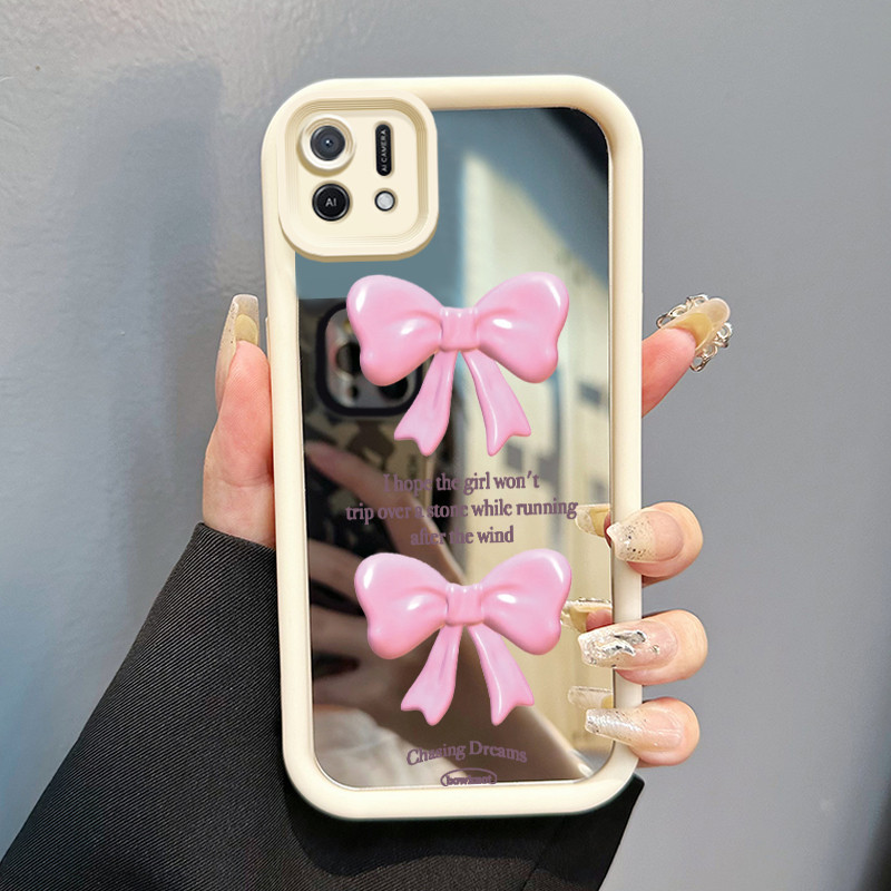 Casing Hp Untuk OPPO A16K OPPO A16E Case Pink bow 3D Tiga Dimensi Cesing Mirror Kasing Kemudahan cer