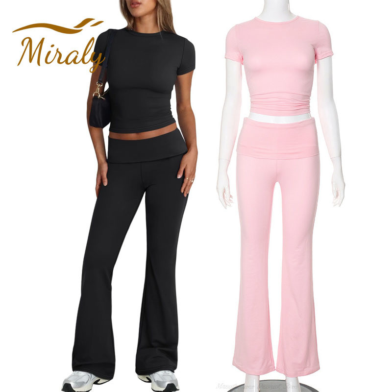 Fashion Women's Y2K 2 Piece Lounge Sets Short Sleeve Crop Top Foldover Flare Pants Casual Pajama