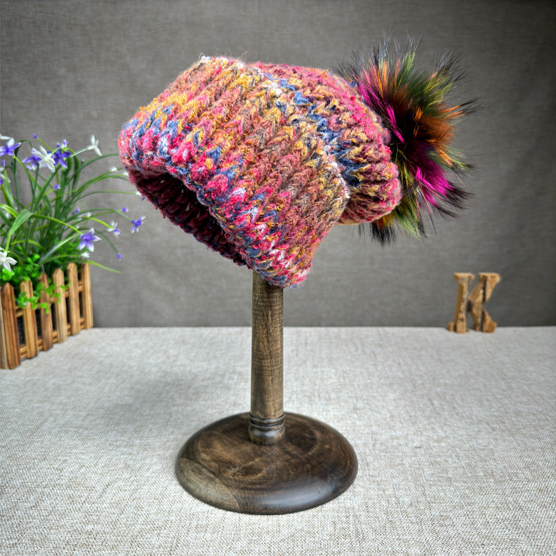 Autumn and winter colorful wool blend women's warm real fox fur ball hat European and American