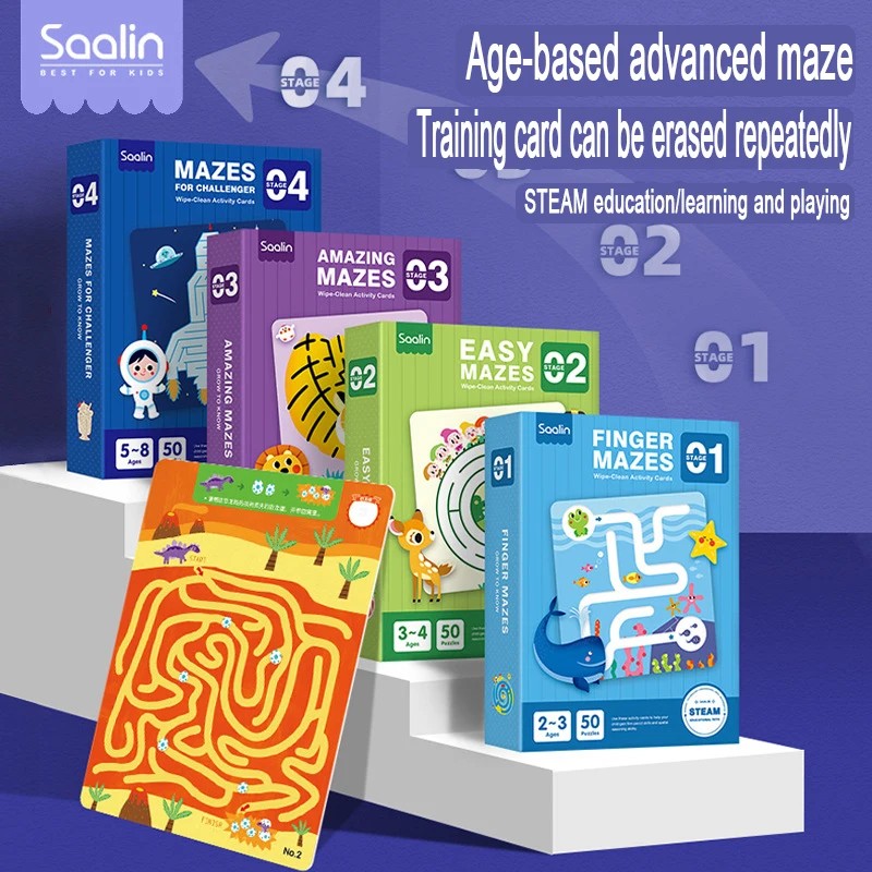 Saalin Age-based Advanced Finger Maze Wipe-Clean Activity Cards Children Concentration Educational