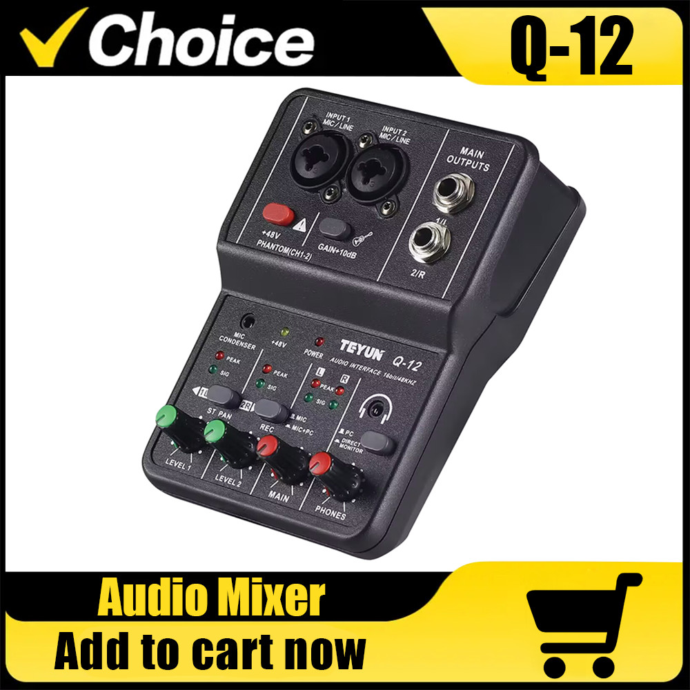 TEYUN Q12 Q-12 Dual Channel Portable Audio Interface Sound Card Console Mini USB Mixer 48V Phantom