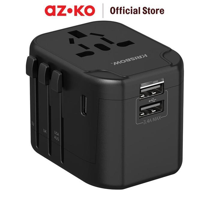 [] AZKO Krisbow Travel Adaptor Usb A & Type C - Hitam Travel Power Adapter Kepala Charger Adaptor