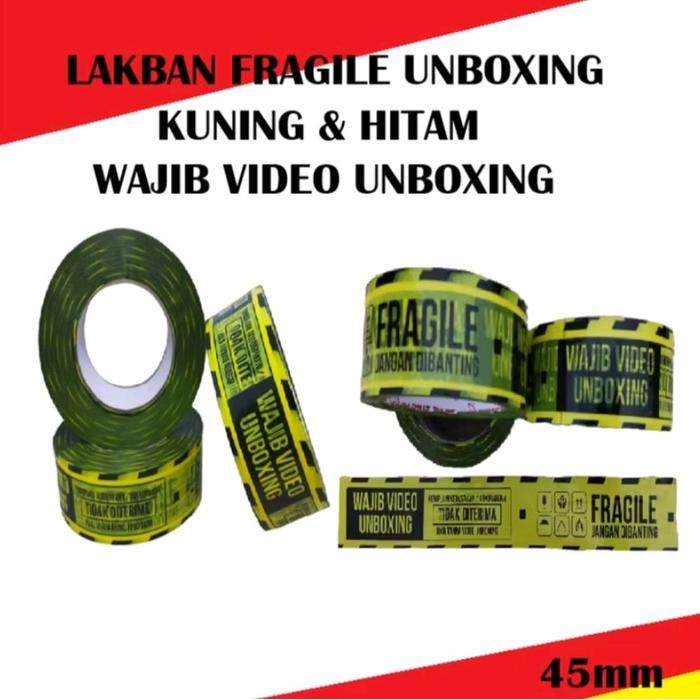 Lakban Fragile Unboxing Kuning Hitam 45mm x 300M Full Lakban Fragile Unboxing 2" x 300M Full Murah
