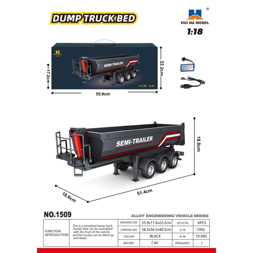 Trailer Dump Semi RC Huina 1/18 dengan Pengangkat Listrik untuk Truk Traktor RC 1501, Lampu Belakang