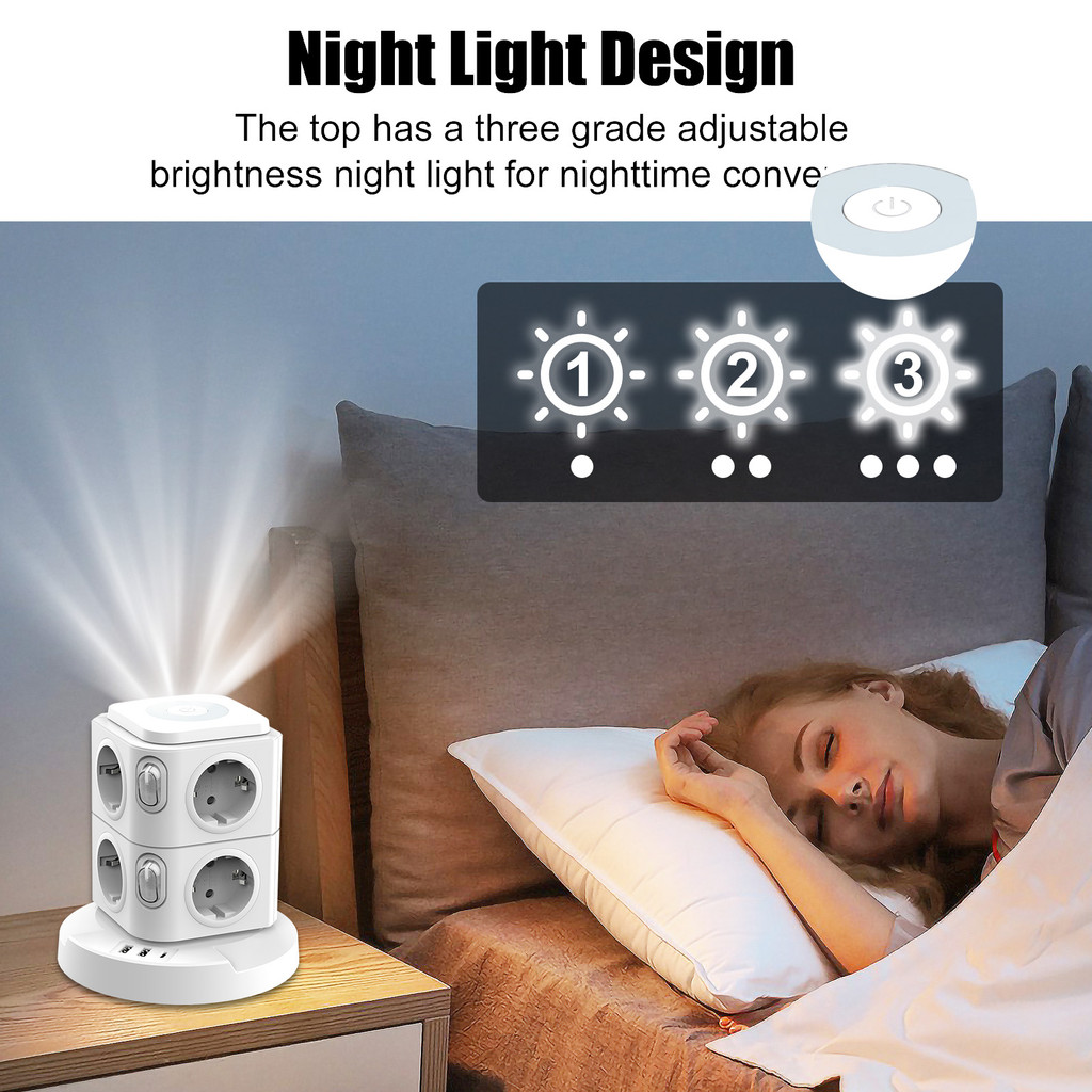 11-in-1 vertical multi-functional socket tower, 8AC+3USB/ Overload protection/three-level night