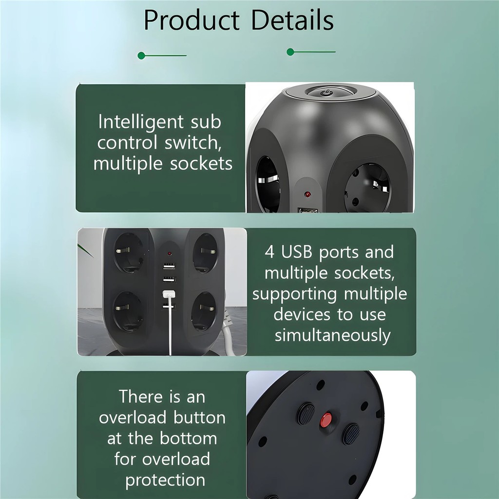 Eu Plug Multifunctional tower power strip with 4 USB-A ports 8 AC power sockets 2 meters extension