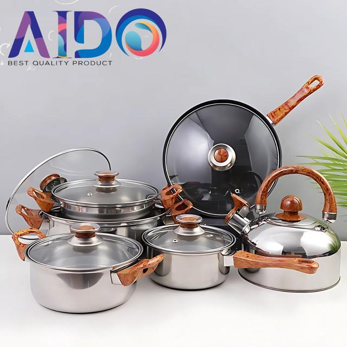 Panci Set Stainless stell 12Pcs ./ Panci Set Cookware 4212 Panci Goreng , sauce pan , frypan dengan