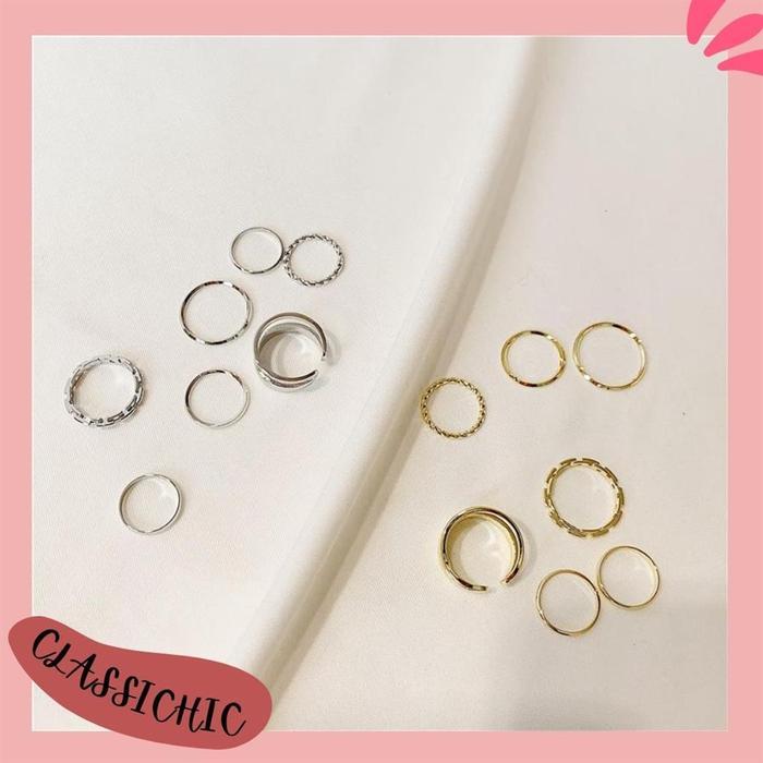 Cc 7pcs Set Cincin Rantai Model Terbuka Gaya Retro Korea