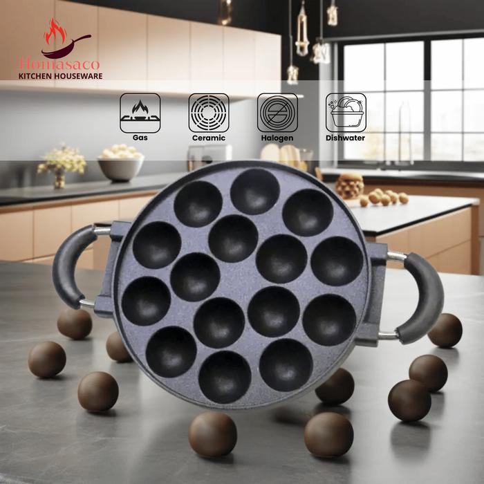 Homasaco Cetakan Takoyaki - Telur Puyuh - 15 Lubang - Teflon + Tutup Kaca