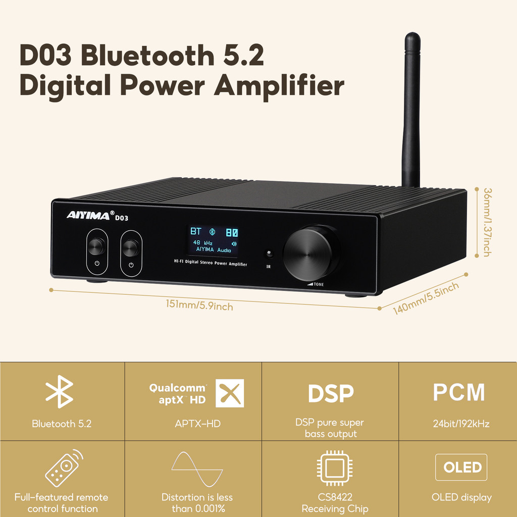 AIYIMA D03 Bluetooth Amplifier 150Wx2 Stereo HiFi Sound Amplificador Subwoofer Amplifiers USB DAC