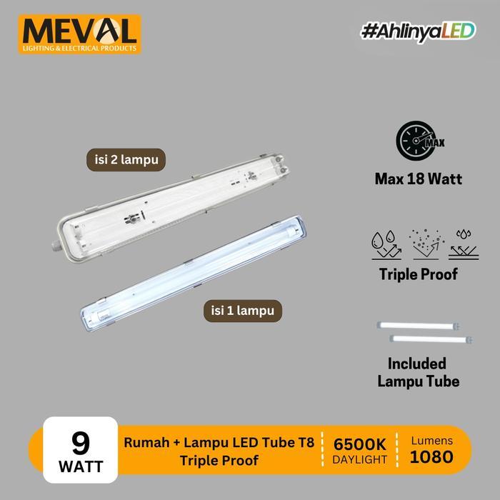 MEVAL Rumah Lampu plafon + Lampu LED Tube T8 - Tahan Air, Debu dan Karat