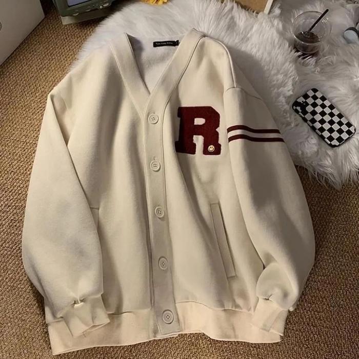 Vallina - Smile Stripe Cardy Premium Outerwear R Cardigan Fleece Tebal Remaja Wanita Unisex Korean