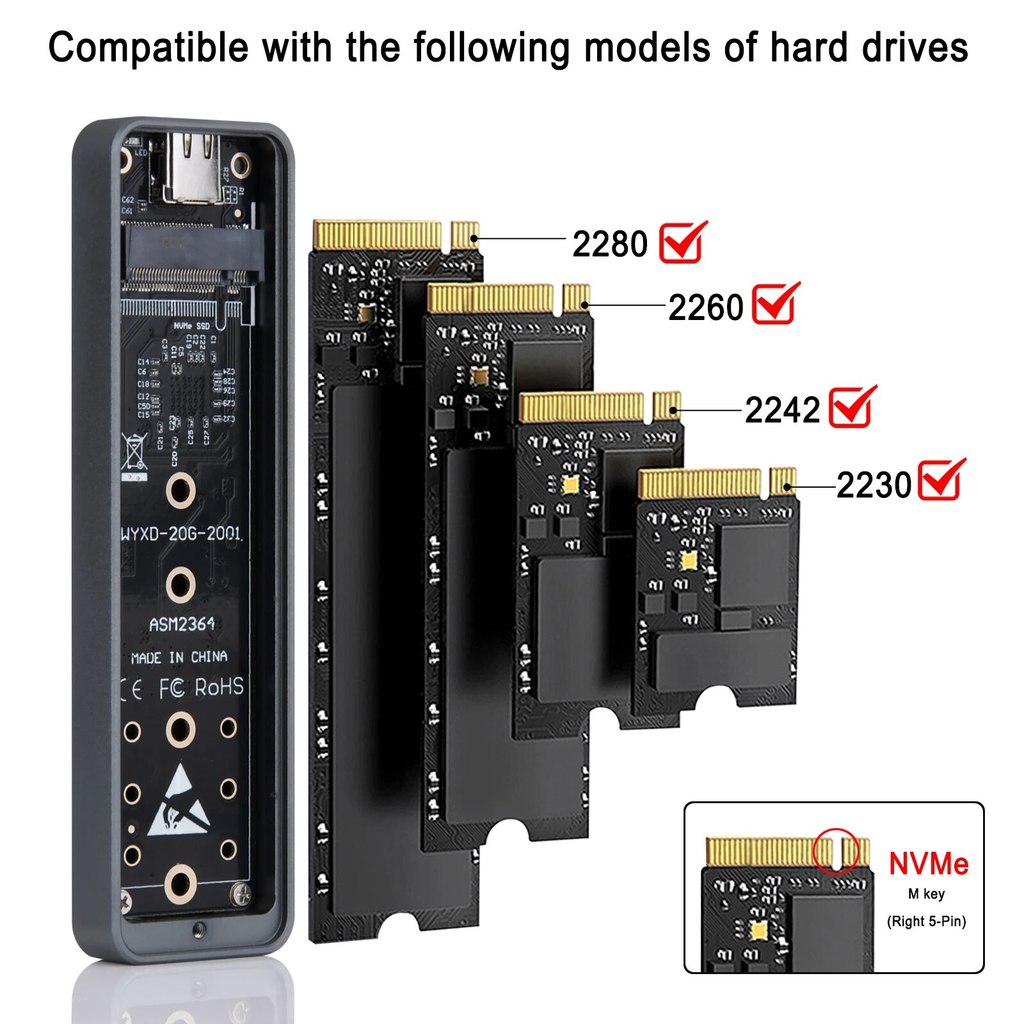 20Gbps M.2 NVME Enclosure USB 3.2 GEN 2X2 Type C NVME SSD Enclosure for 2230/2242/2260/2280 NVME SSD