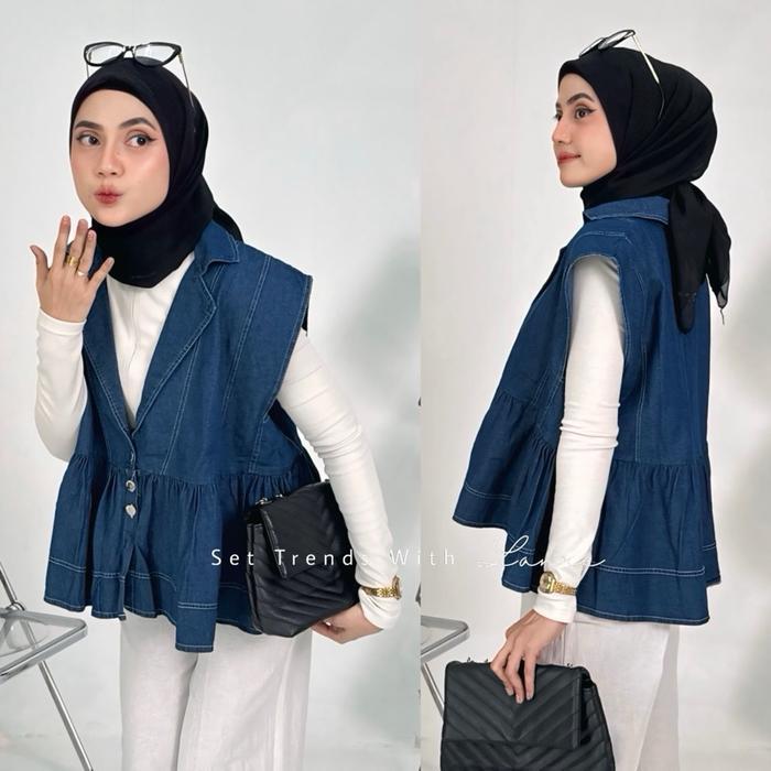 Lika Outer Jeans Wanita Rompi Vest Denim Kekinian Tanpa Lengan Hijab Outfit Casual