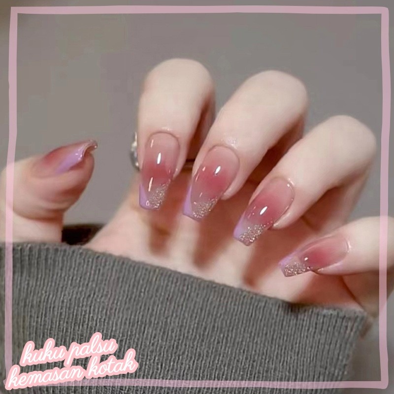 Kuku Palsu Warna Blush & Ungu Fitur Glossy Nail Art Wedding