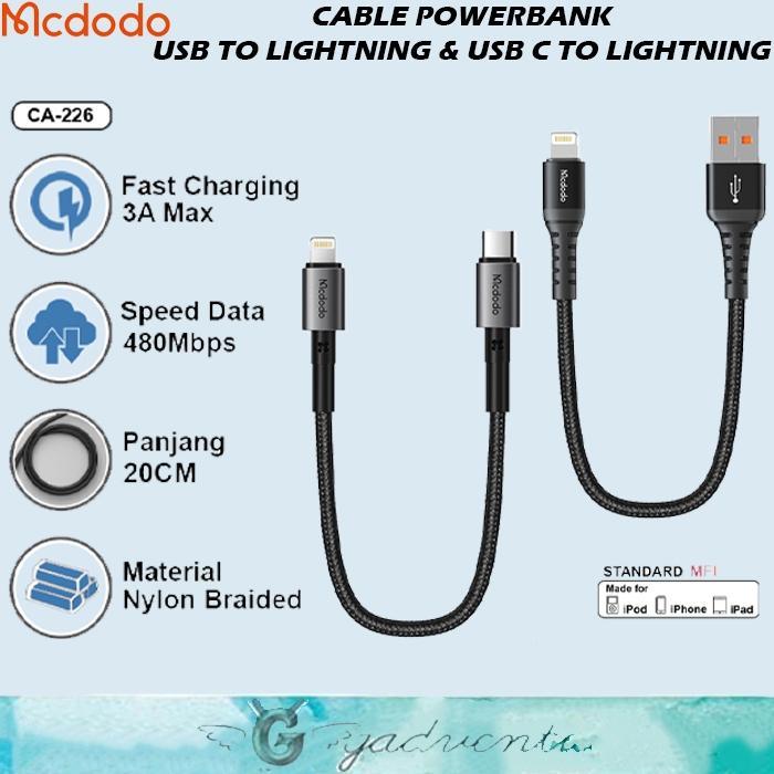 MCDODO Kabel Pendek Casan Powerbank USB To Lightning Untuk iPhone 7 8 X XR XS & Type C to Lightning