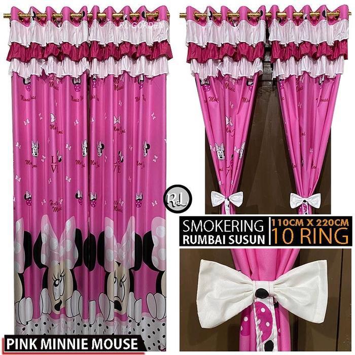 Gorden Jendela Pintu Kamar Minimalis Motif Pink Minnie Model Poni Rumbai Susun