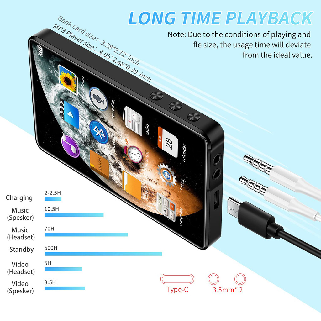 MP4 Player 4'' Full Metal Touch Screen MP3 MP4 Music Player Bluetooth 5.0 FM Radio With Video