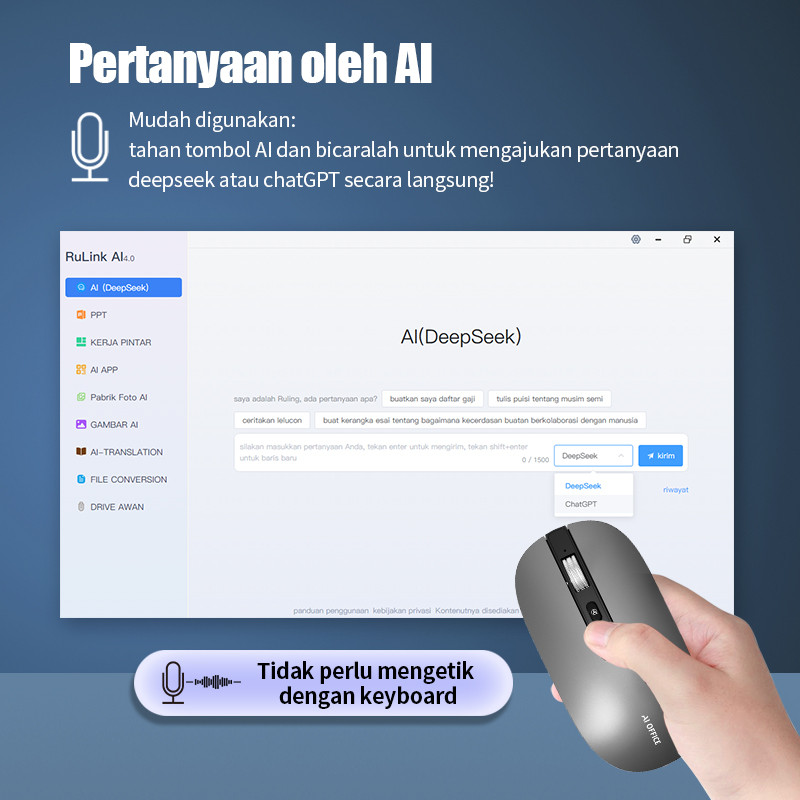 AI Mouse Rechargeable Wireless Mouse USB 2.4G/Bluetooth 1600 DPI with AI PPT AI Deepseek Chat-GPT