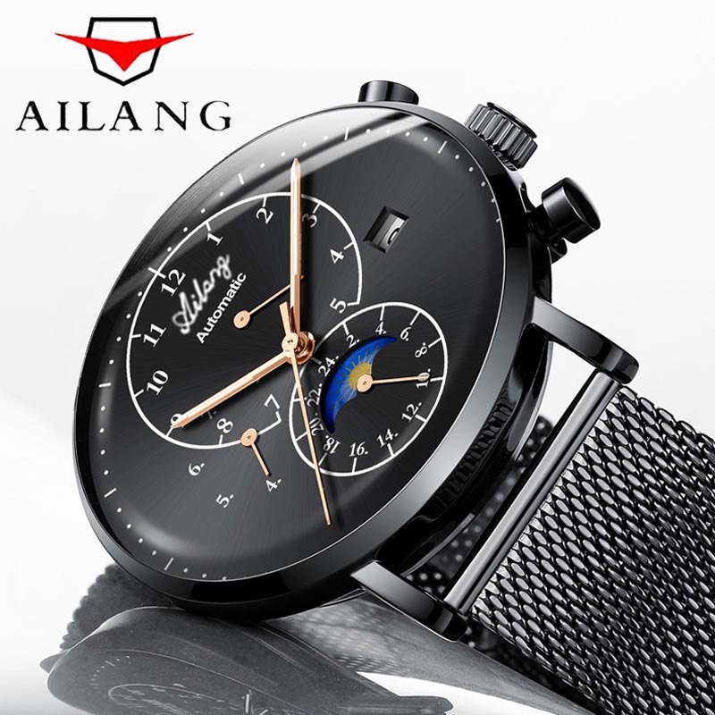 AILANG Brand New Fashion Moon Phase Mechanical Watch for Men Stainless Steel Mesh Strap 50m
