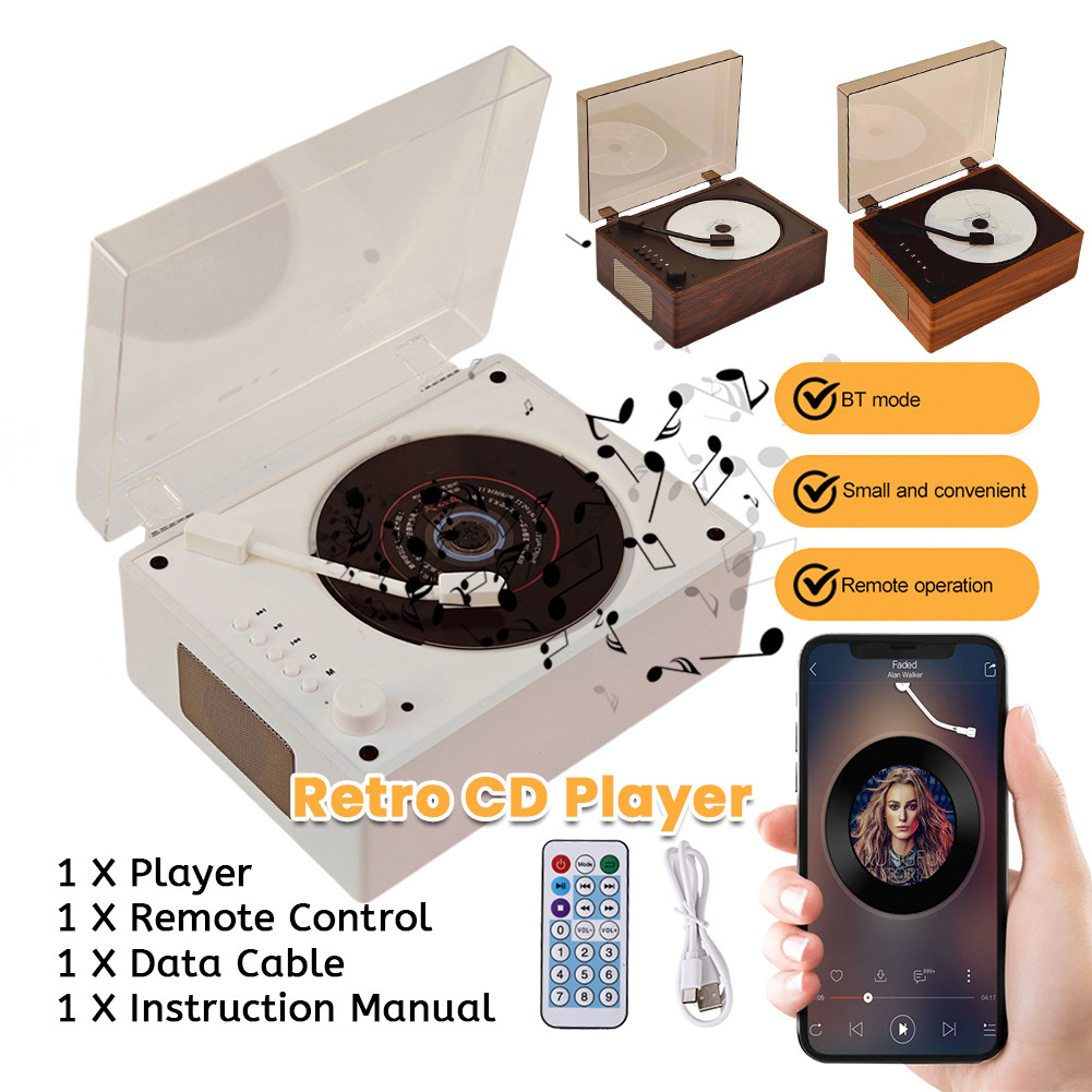Rechargeable Bluetooth 5.0 Speaker USB 3.5mm AUX Retro CD Music Player Desktop CD Player USB