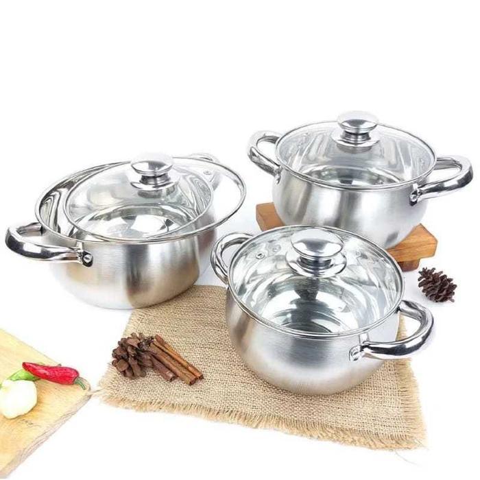 Panci Set 3in1 / Panci Stainless Steel / Panci Sop Tutup Kaca Serbaguna